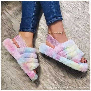 Femmes fausse fourrure extérieures pantoufles plates ouverts ouverts en peluche décontractée plus taille dame sandals mulets de mule